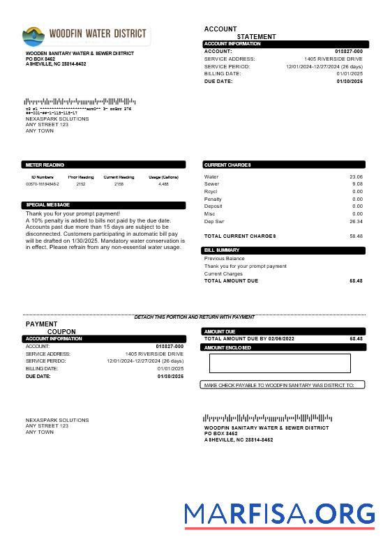 Printable USA North Carolina Woodfin Sanitary Water & Sewer District business utility bill template in Word and PDF formats